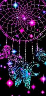 Vibrant neon dreamcatcher with colorful feathers glowing on a black background.