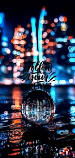 Neon cityscape with reflections and 'follow your dreams' text.