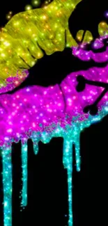 Vibrant neon drip art wallpaper with glowing colors on a black background.