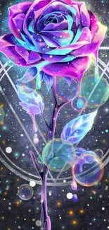 Vibrant neon rose with cosmic background.