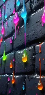 Colorful neon paint drips on a dark brick wall wallpaper.