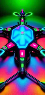 Vibrant neon drone with colorful geometric design and glowing elements.