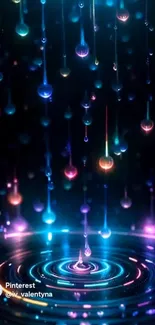 Vibrant neon droplets over water ripple effect.