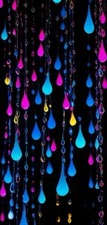 Vibrant neon droplets cascade on black background.