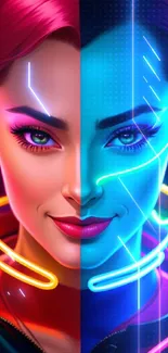 Vibrant neon dual portrait wallpaper with bright colors and artistic design.