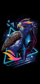 Neon eagle art with geometric shapes and cosmic background.