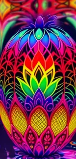 Vibrant neon colored patterned egg design, glowing with intricate details.