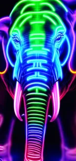 Vibrant neon design of an elephant with colorful glowing patterns.