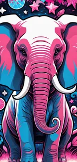 Neon pink and blue elephant art wallpaper with vibrant colors.