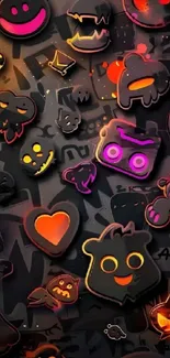 Neon emoji collage with vibrant colors on a black background.