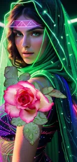 Ethereal neon portrait with a vibrant rose and mystical elements.