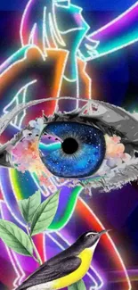 Vibrant neon eye art with cosmic elements and colorful bird.