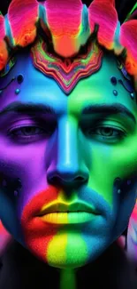 Vibrant neon face art with psychedelic colors.