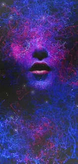 Electric blue and purple neon face art design on dark background.