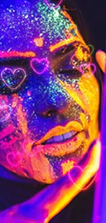 Vibrant neon face art with glowing colors.