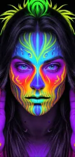 A colorful neon face art design with intricate patterns and vibrant colors.