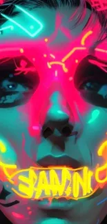 Vibrant neon face art with pink, blue, and yellow highlights.