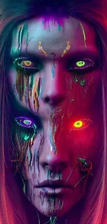 Colorful neon face art wallpaper with vibrant hues and psychedelic design.