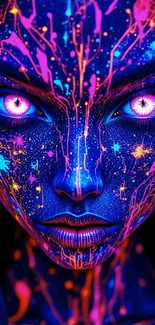 Stunning neon face art with vibrant colors and intricate design.