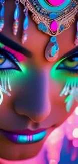 Close-up of vivid neon face art with colorful makeup and intricate designs.