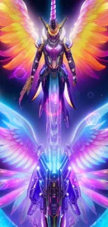 Neon angelic warrior with radiant wings in vibrant colors.