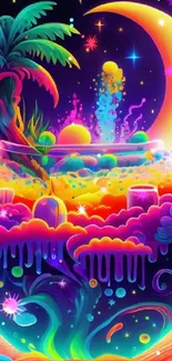 Vibrant neon fantasy wallpaper with colorful surreal elements.