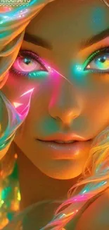 Close-up of a vibrant neon fantasy art with colorful lights and a female character.