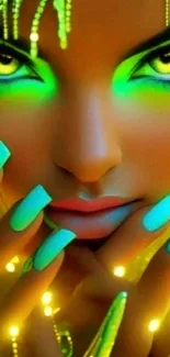 Luminous neon green fantasy art with captivating eyes and vibrant accents.