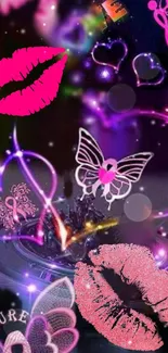 Neon fantasy wallpaper with butterflies, hearts, and lips on a dark background.