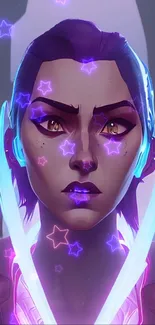 Vibrant artwork of a character surrounded by neon stars.