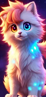 Neon fantasy cat with glowing vibrant colors set against a cosmic backdrop.