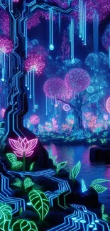 Vibrant neon forest with glowing plants and colorful lights.