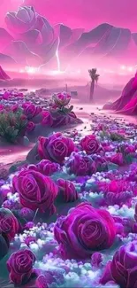 Neon pink fantasy landscape with flowers and mountains in vibrant colors.