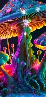 Vibrant neon mushrooms in psychedelic artwork for mobile wallpaper.