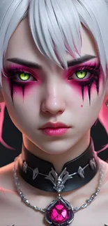 Vibrant neon fantasy portrait with intense gaze.