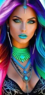 Vibrant neon fantasy portrait wallpaper with colorful hair.