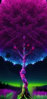 A vibrant neon fantasy tree under a glowing night sky.