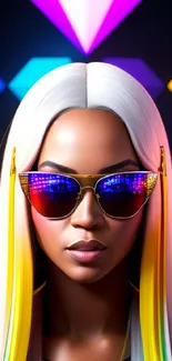 Vibrant neon fashion avatar with colorful sunglasses and bold hair.