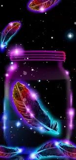 Vibrant neon feathers glowing inside a jar against a starry night sky.