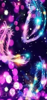 Neon feathers glowing with purple and blue hues on an abstract background.