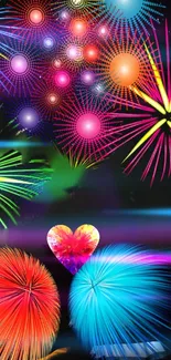 Neon fireworks with heart design wallpaper.