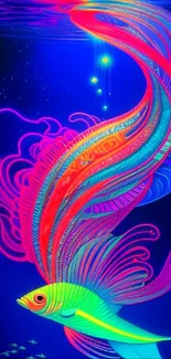 Vibrant neon fish art with dazzling colors on a wallpaper background.