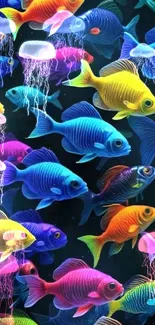 Colorful neon fish and jellyfish in a vibrant wallpaper design.