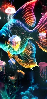 Colorful neon fish and jellyfish wallpaper for mobile.