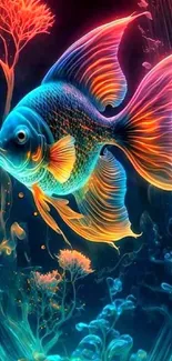 Vibrant neon fish with colorful glowing fins underwater.