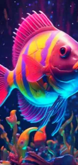 Neon-striped fish with vibrant colors underwater, ideal wallpaper design.