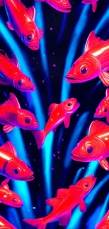 Vibrant neon fish swimming against dynamic blue background.