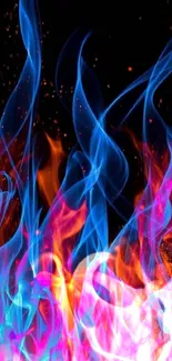 Vibrant neon blue and orange flames wallpaper.