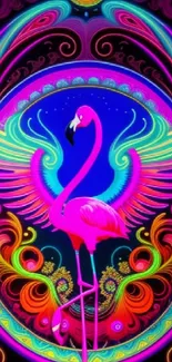 Vibrant neon flamingo with intricate symmetrical patterns on dark background.