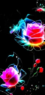 Vibrant neon flowers with glowing roses on dark background.